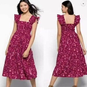 Hill House Home Ellie Nap Dress Midi Ruched Burgundy Botanical sz S / XS Ruffle